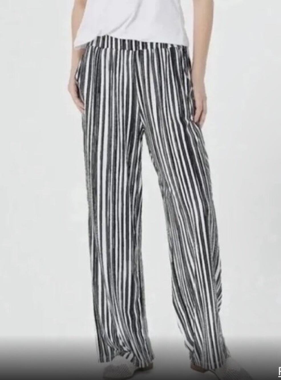 Elizabeth & Clarke Striped wide leg Pants Satin Tech Pull on Black white Sz Sm